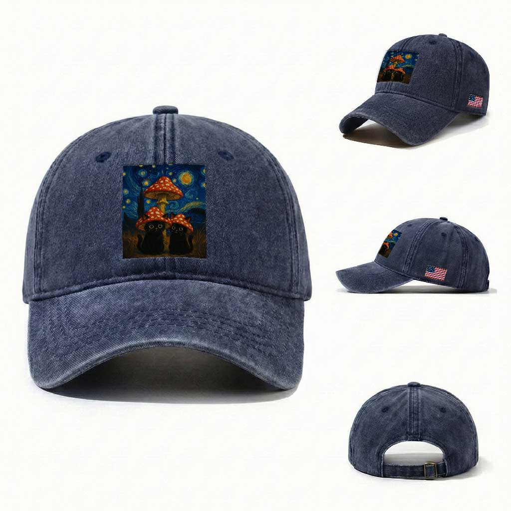 Cute Black Cat Mushroom Washed Cotton Baseball Cap Stary Night Vangogh Amanita Muscaria