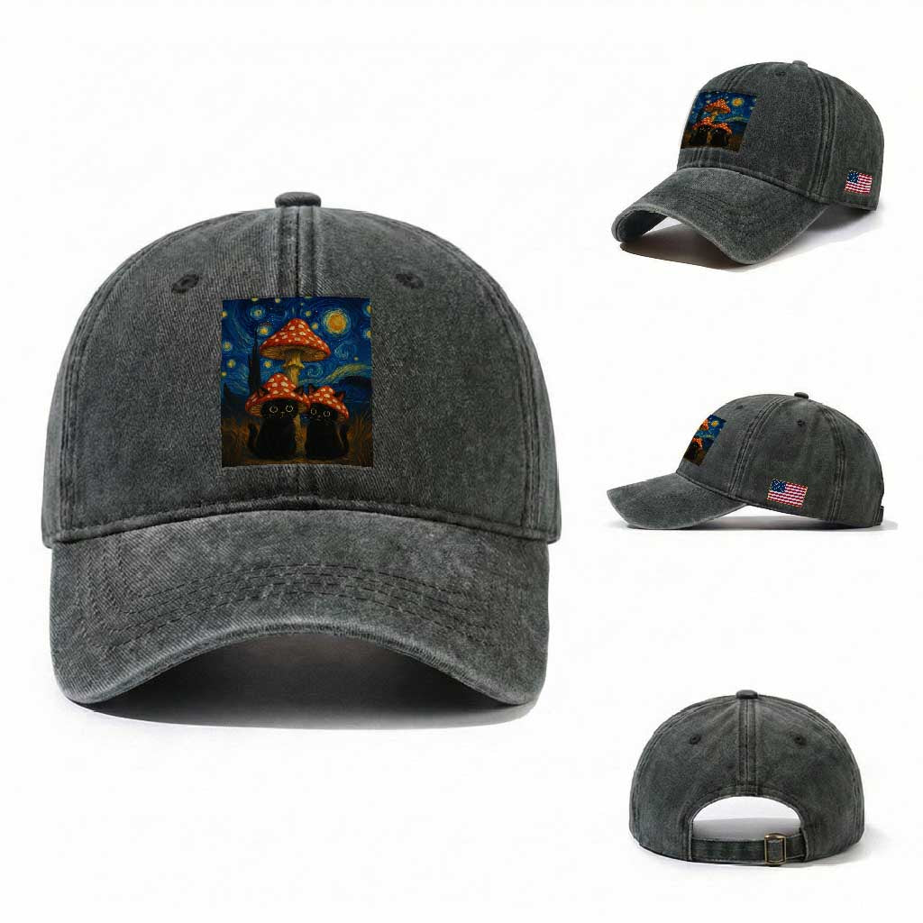 Cute Black Cat Mushroom Washed Cotton Baseball Cap Stary Night Vangogh Amanita Muscaria