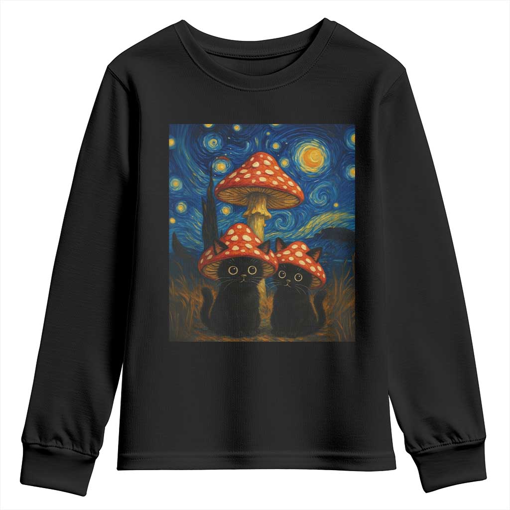 Cute Black Cat Mushroom Youth Sweatshirt Stary Night Vangogh Amanita Muscaria - Wonder Print Shop