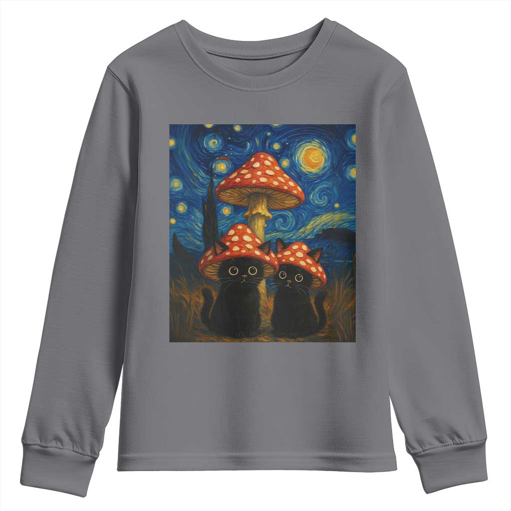 Cute Black Cat Mushroom Youth Sweatshirt Stary Night Vangogh Amanita Muscaria - Wonder Print Shop