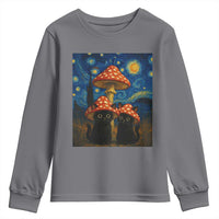 Cute Black Cat Mushroom Youth Sweatshirt Stary Night Vangogh Amanita Muscaria - Wonder Print Shop