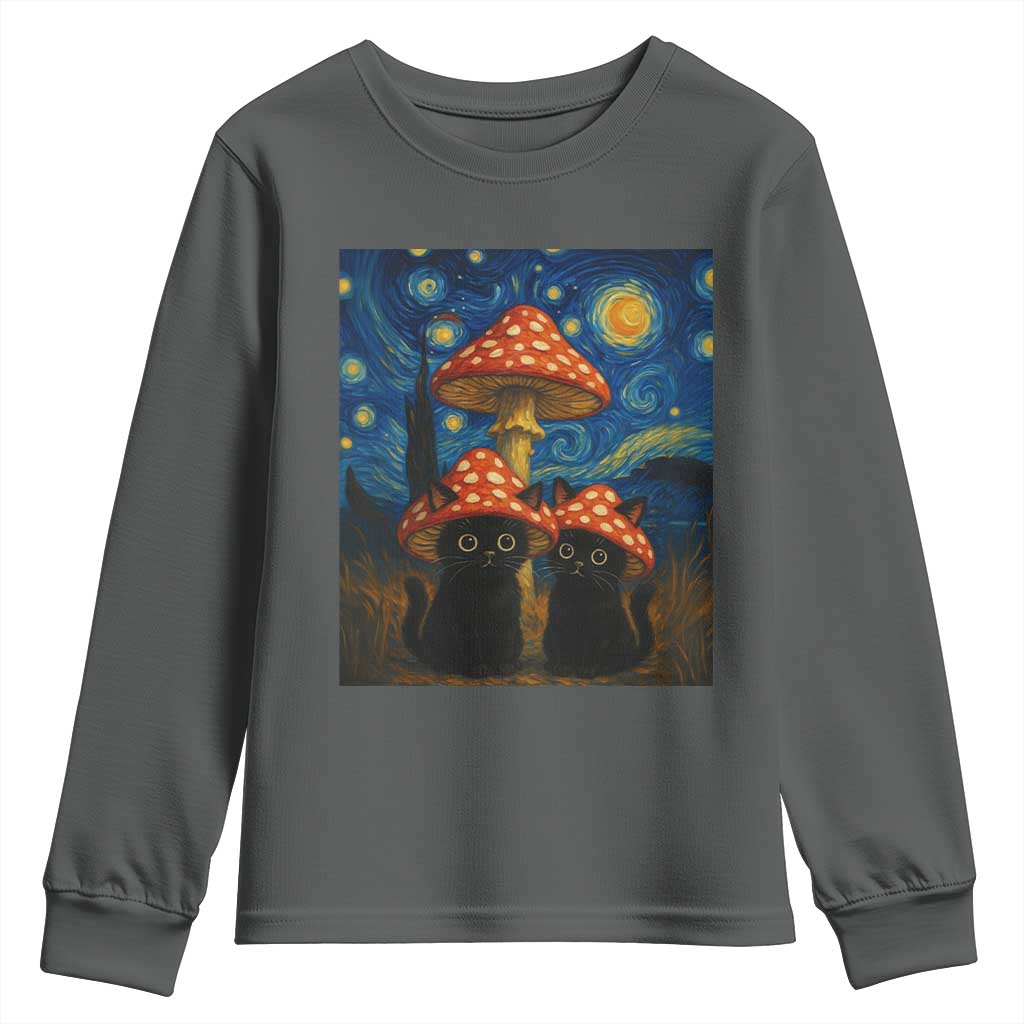 Cute Black Cat Mushroom Youth Sweatshirt Stary Night Vangogh Amanita Muscaria - Wonder Print Shop