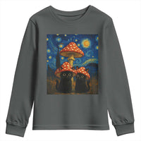 Cute Black Cat Mushroom Youth Sweatshirt Stary Night Vangogh Amanita Muscaria - Wonder Print Shop