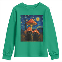 Cute Black Cat Mushroom Youth Sweatshirt Stary Night Vangogh Amanita Muscaria - Wonder Print Shop
