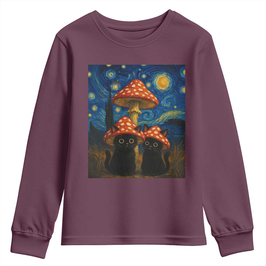 Cute Black Cat Mushroom Youth Sweatshirt Stary Night Vangogh Amanita Muscaria - Wonder Print Shop