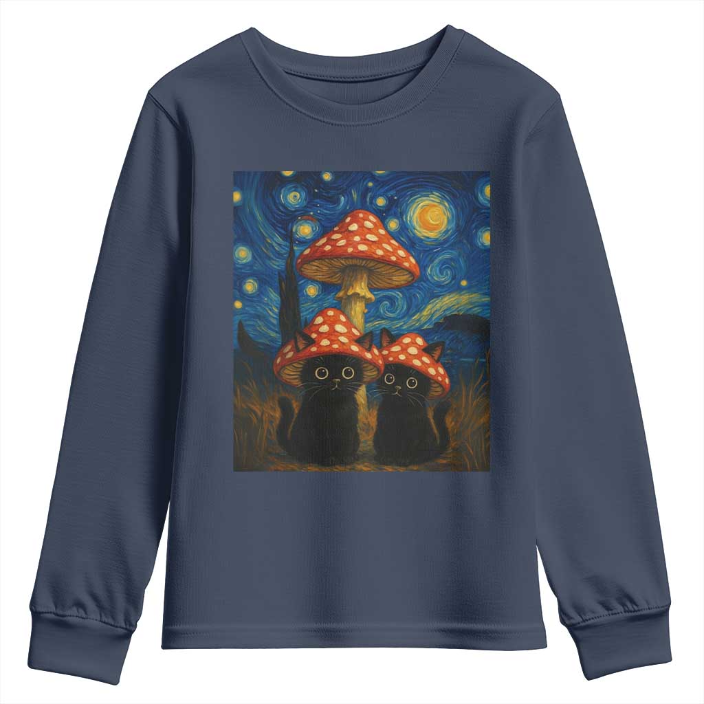 Cute Black Cat Mushroom Youth Sweatshirt Stary Night Vangogh Amanita Muscaria - Wonder Print Shop