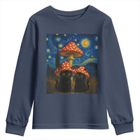 Cute Black Cat Mushroom Youth Sweatshirt Stary Night Vangogh Amanita Muscaria - Wonder Print Shop
