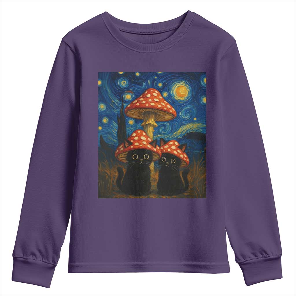 Cute Black Cat Mushroom Youth Sweatshirt Stary Night Vangogh Amanita Muscaria - Wonder Print Shop