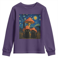 Cute Black Cat Mushroom Youth Sweatshirt Stary Night Vangogh Amanita Muscaria - Wonder Print Shop