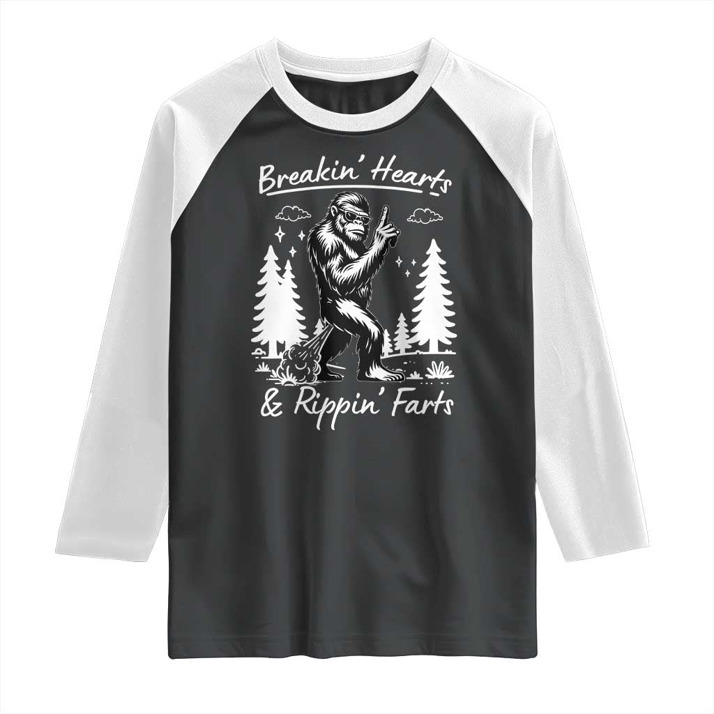 Funny Bigfoot Sasquatch Raglan Shirt Breakin Hearts And Rippin Farts - Wonder Print Shop