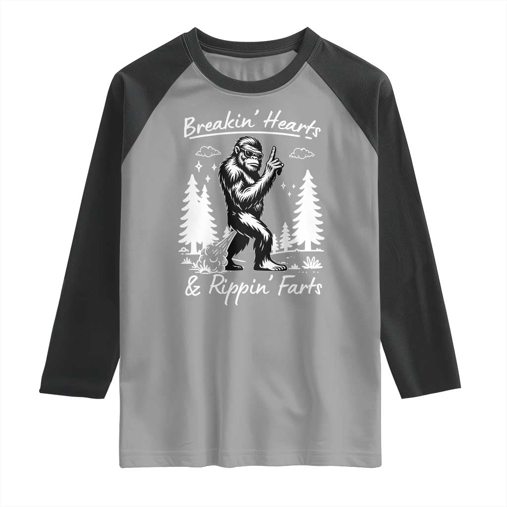 Funny Bigfoot Sasquatch Raglan Shirt Breakin Hearts And Rippin Farts - Wonder Print Shop