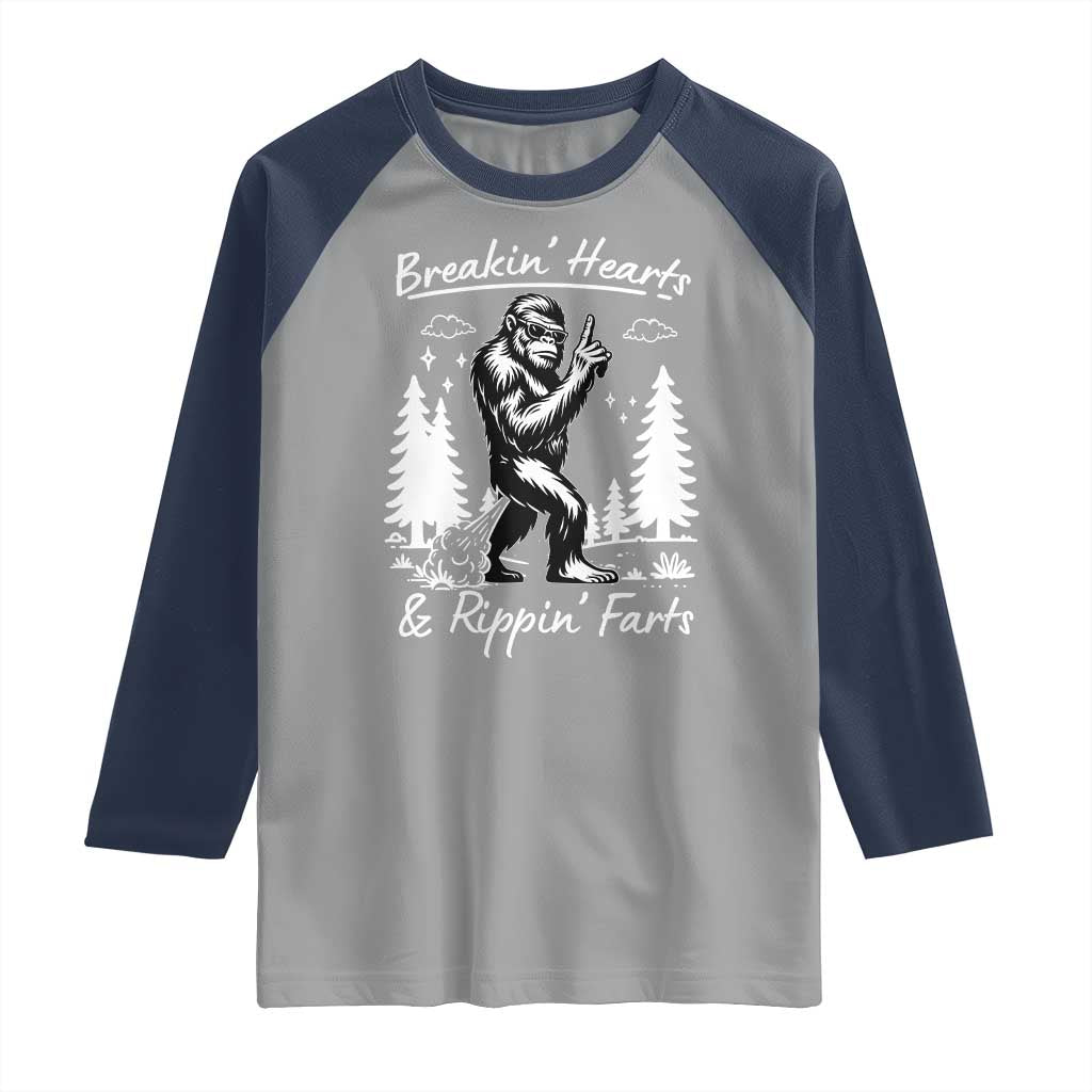Funny Bigfoot Sasquatch Raglan Shirt Breakin Hearts And Rippin Farts - Wonder Print Shop