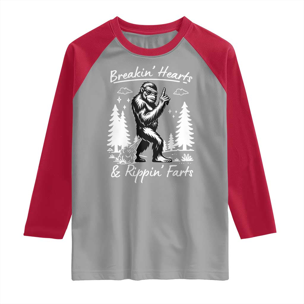Funny Bigfoot Sasquatch Raglan Shirt Breakin Hearts And Rippin Farts - Wonder Print Shop