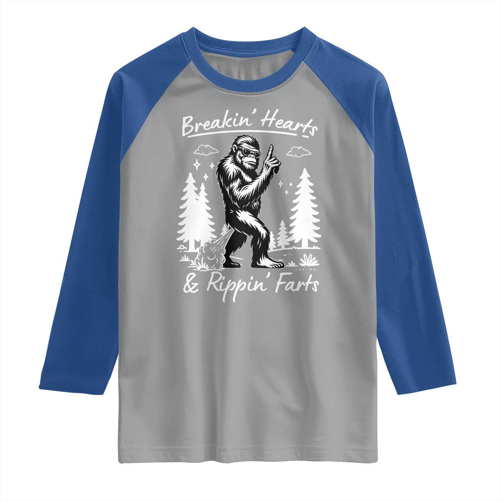Funny Bigfoot Sasquatch Raglan Shirt Breakin Hearts And Rippin Farts - Wonder Print Shop