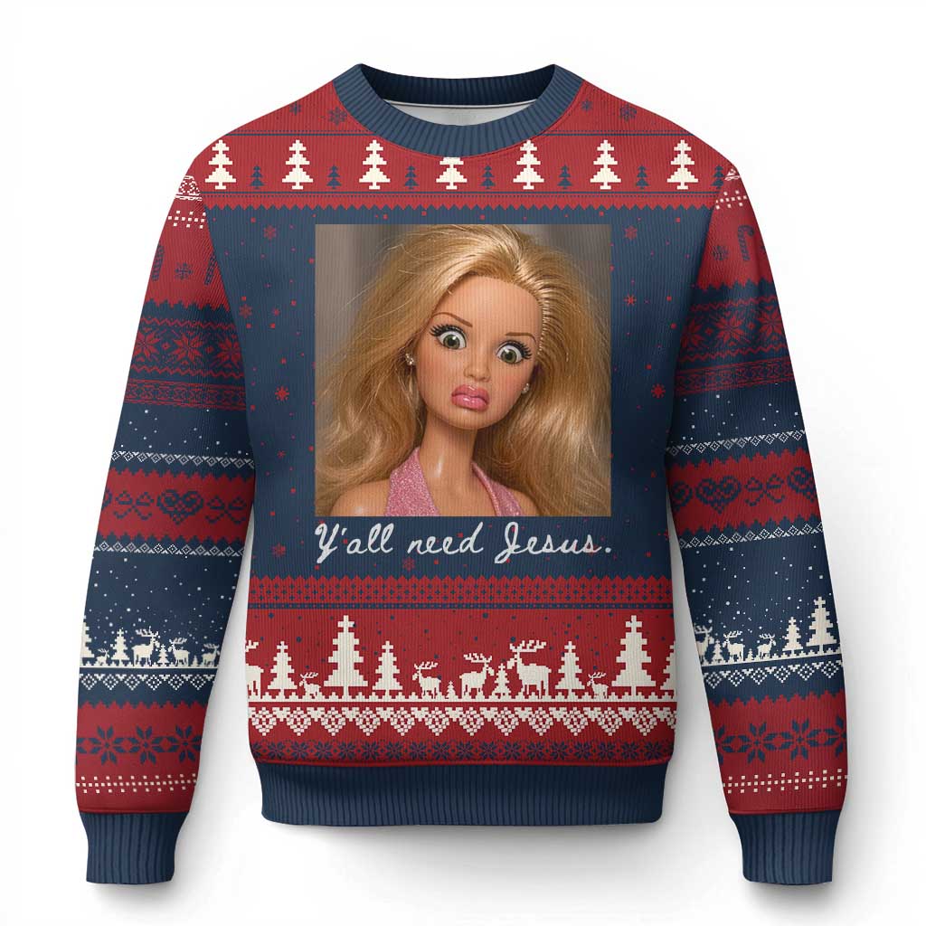 Y'all Need Jesus Ugly Christmas Sweater Funny Girls Meme Saying Christian Humor