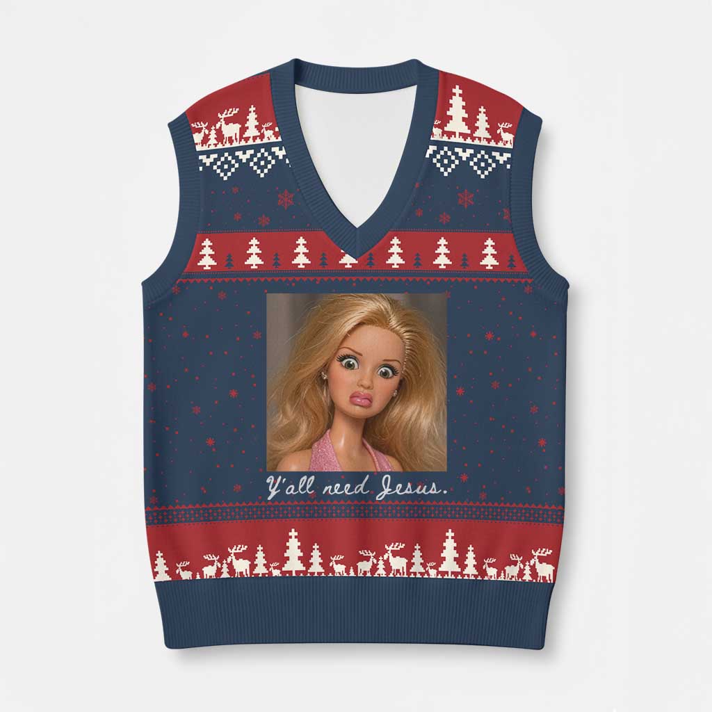 Y'all Need Jesus V-Neck Knit Sweater Vest Funny Girls Meme Saying Christian Humor
