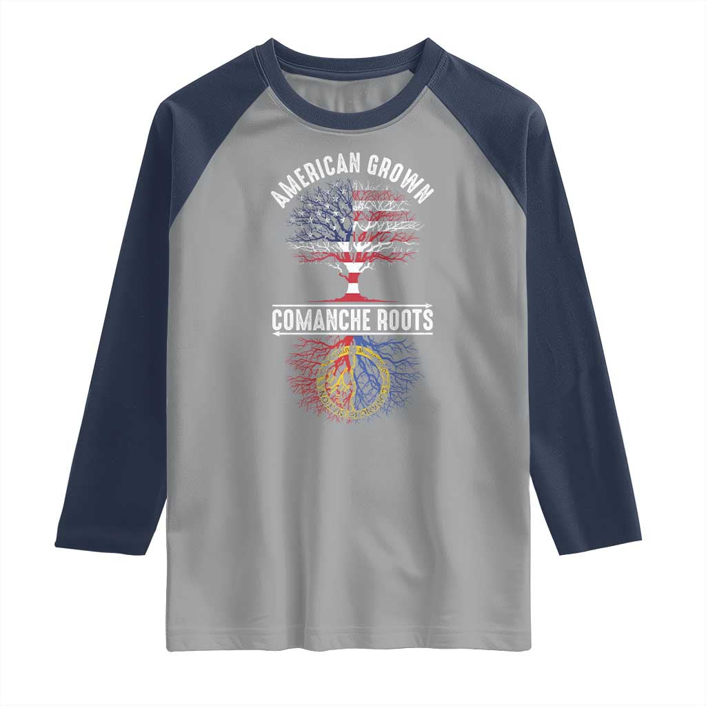 Distressed Tree Raglan Shirt American Grown with Comanche Roots - Wonder Print Shop