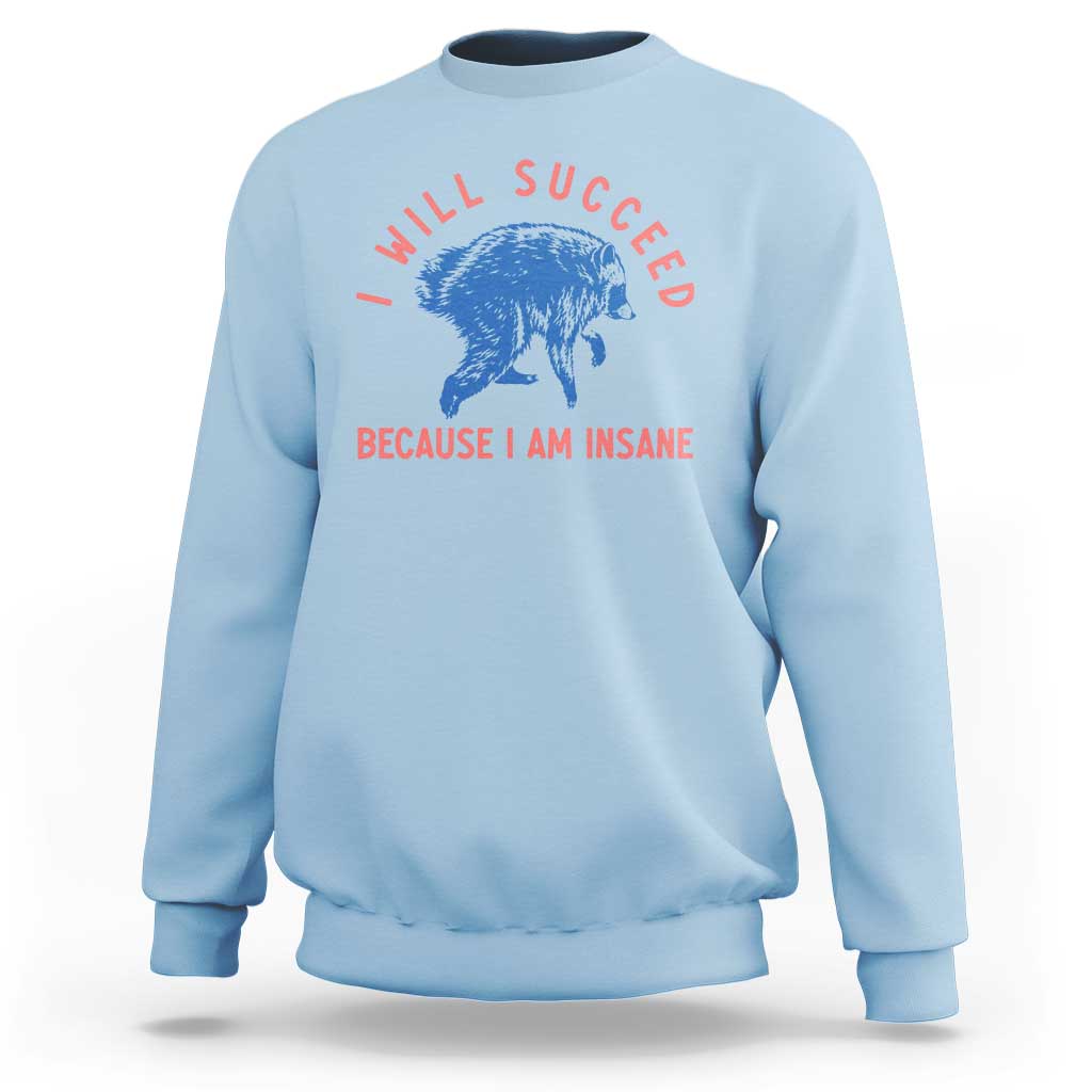 I Will Succeed Because I Am Insane Sweatshirt Funny Jimothy Raccoon Meme