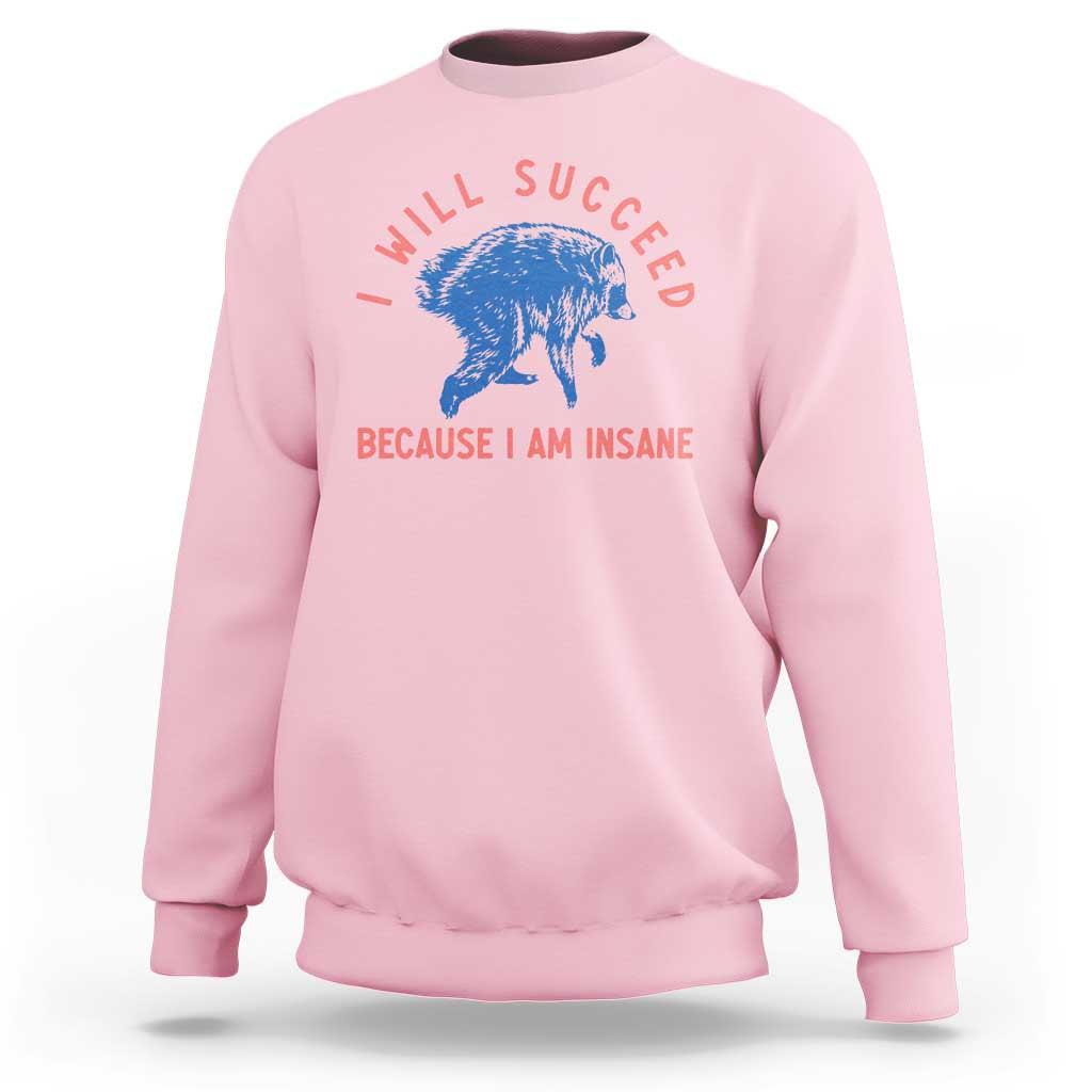 I Will Succeed Because I Am Insane Sweatshirt Funny Jimothy Raccoon Meme