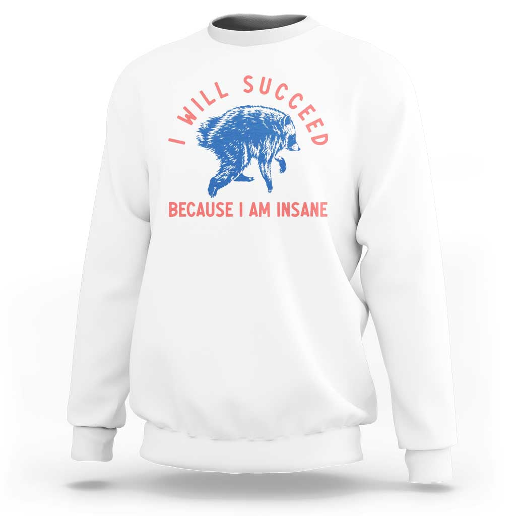 I Will Succeed Because I Am Insane Sweatshirt Funny Jimothy Raccoon Meme