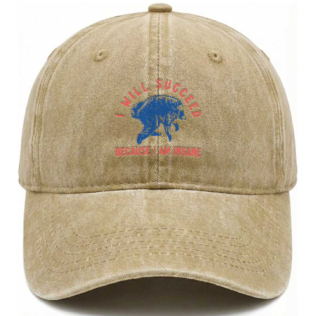 I Will Succeed Because I Am Insane Washed Cotton Baseball Cap Funny Jimothy Raccoon Meme