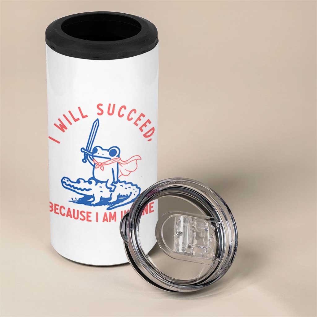I Will Succeed Because I Am Insane 4 in 1 Can Cooler Tumbler Funny Frog Riding Crocodile Sarcastic Humor