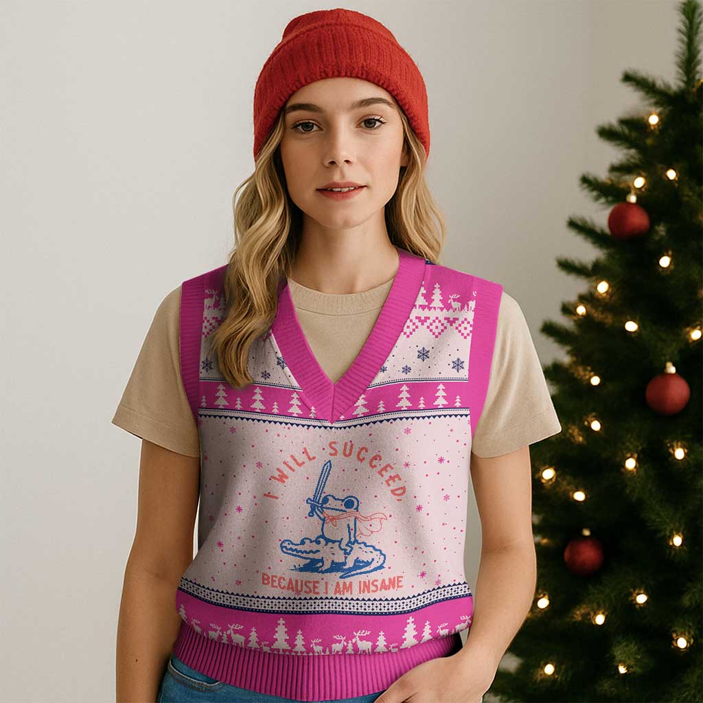 I Will Succeed Because I Am Insane V-Neck Knit Sweater Vest Funny Frog Riding Crocodile Sarcastic Humor