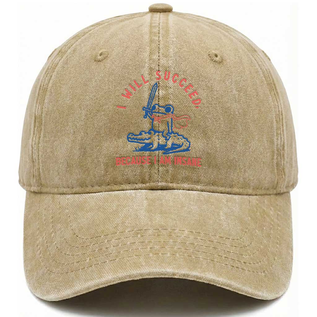 I Will Succeed Because I Am Insane Washed Cotton Baseball Cap Funny Frog Riding Crocodile Sarcastic Humor