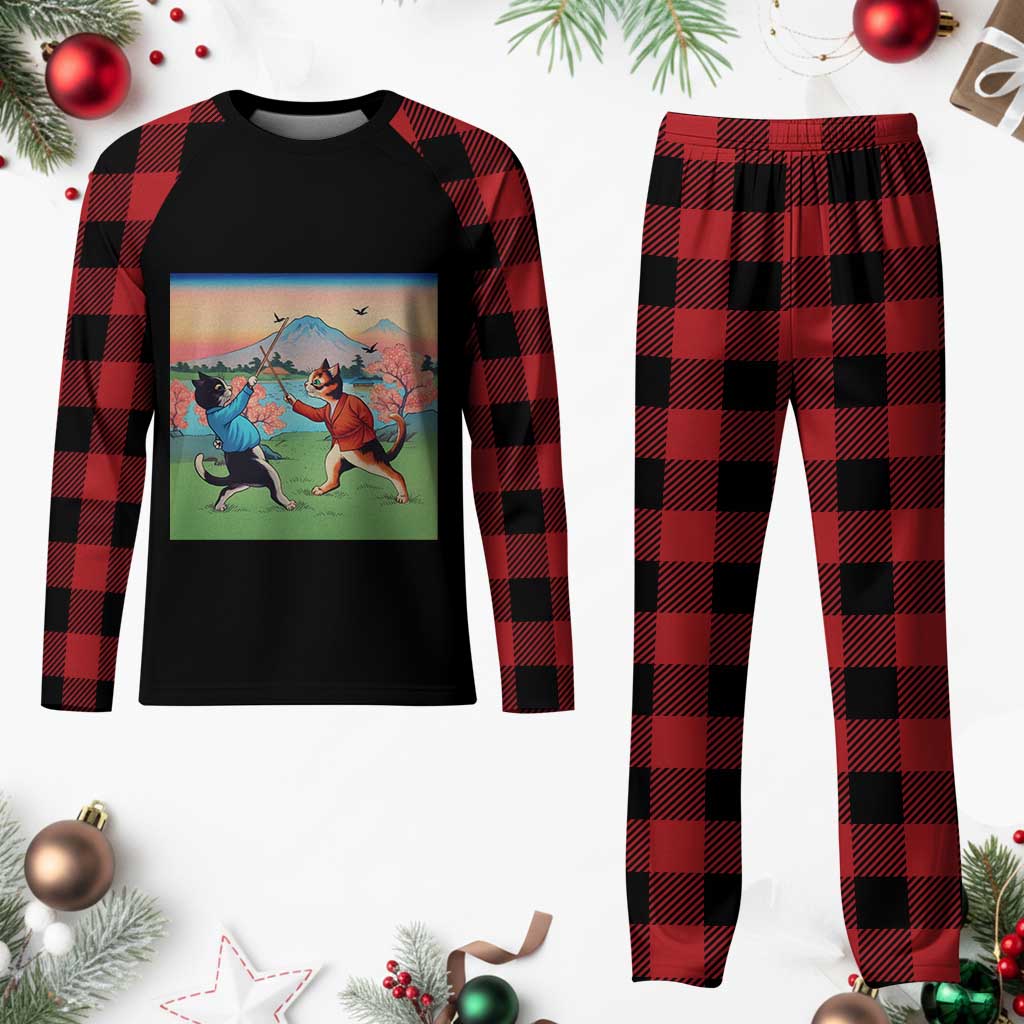 Funny Kendo Cat Plaid Pajama Set Samurai Martial Arts - Wonder Print Shop