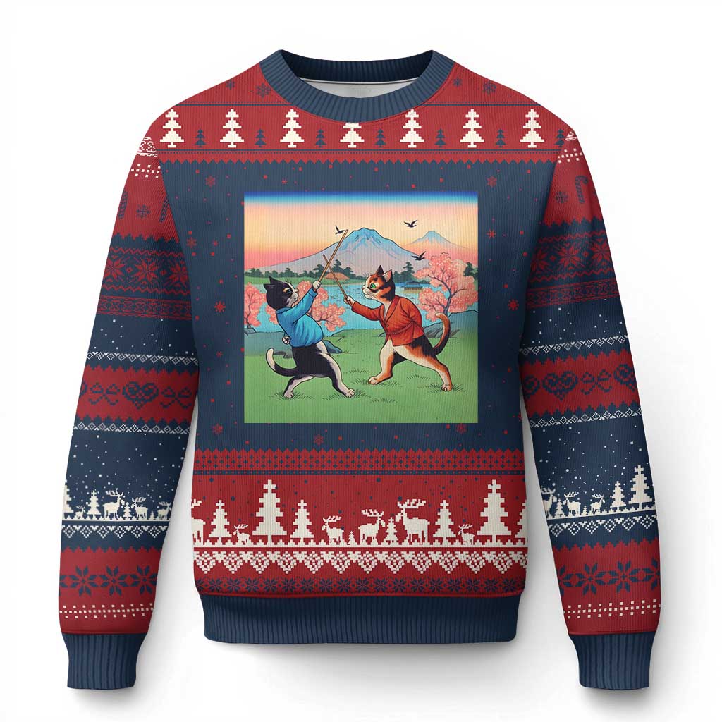 Funny Kendo Cat Ugly Christmas Sweater Samurai Martial Arts - Wonder Print Shop