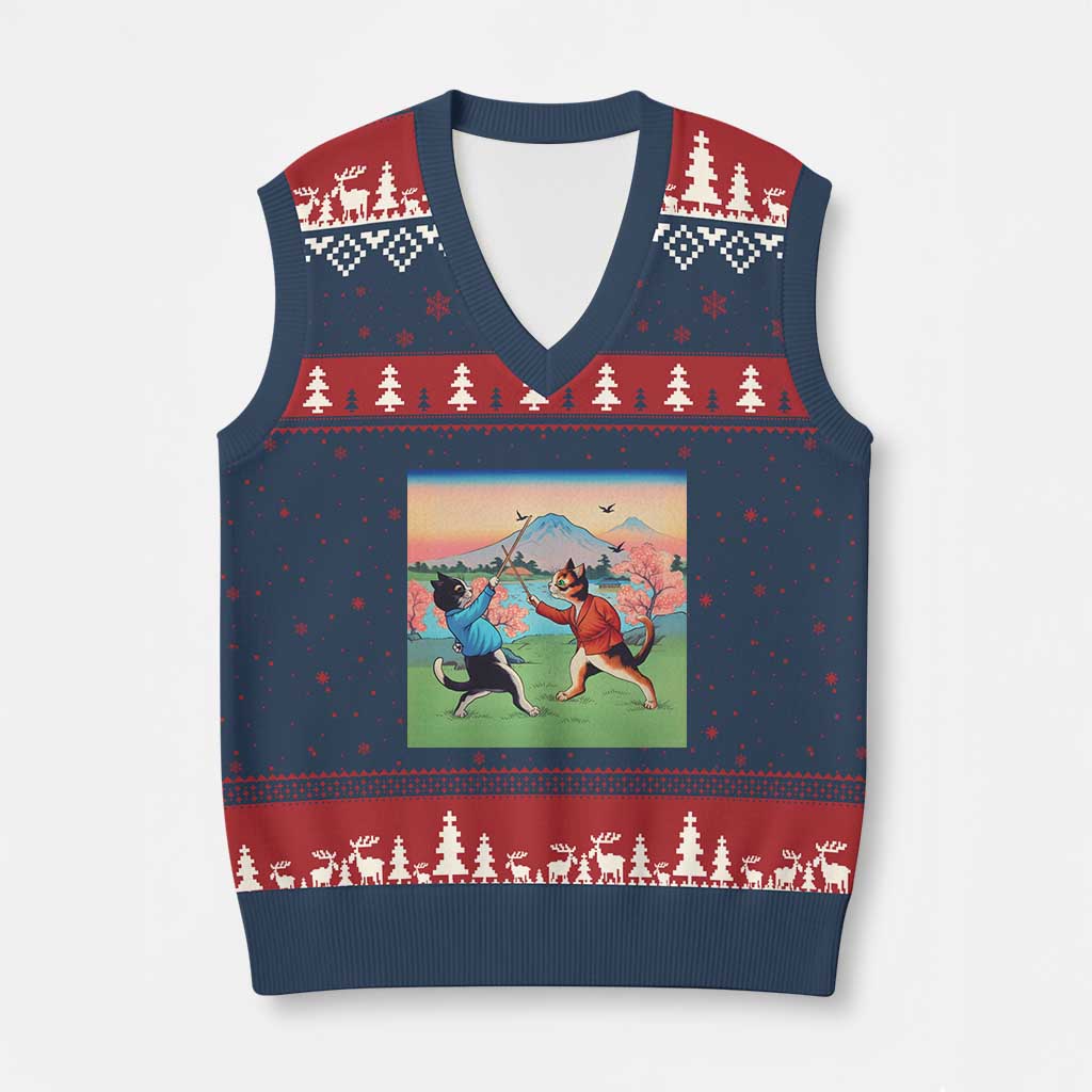 Funny Kendo Cat V-Neck Knit Sweater Vest Samurai Martial Arts - Wonder Print Shop