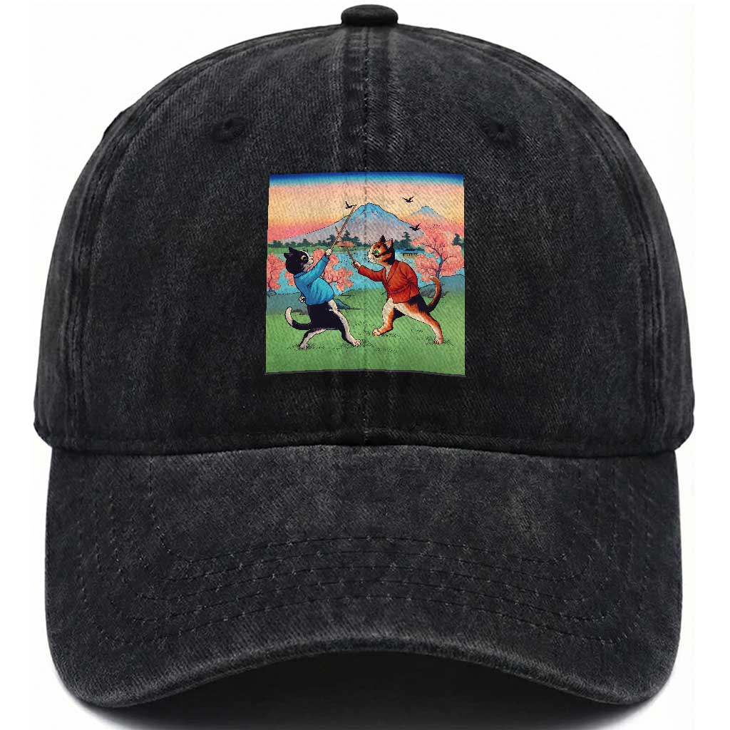 Funny Kendo Cat Washed Cotton Baseball Cap Samurai Martial Arts