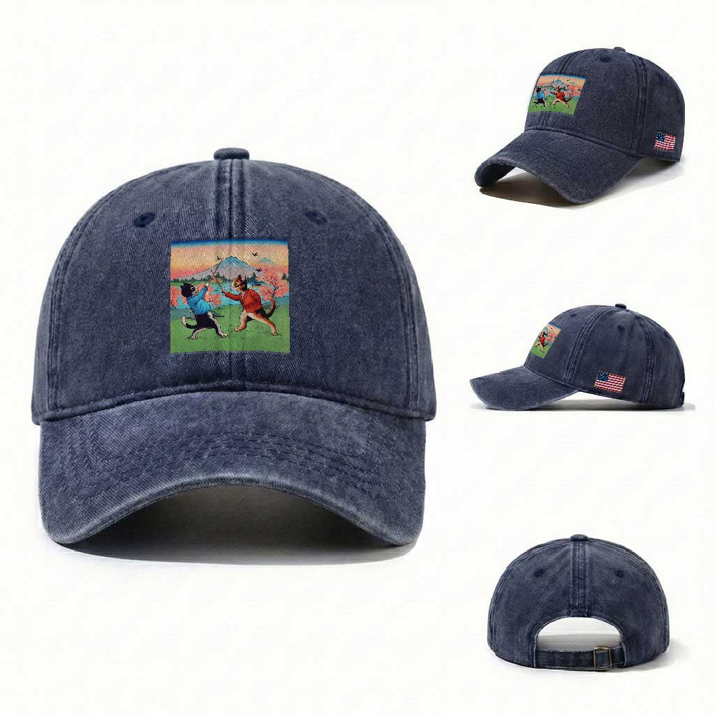 Funny Kendo Cat Washed Cotton Baseball Cap Samurai Martial Arts