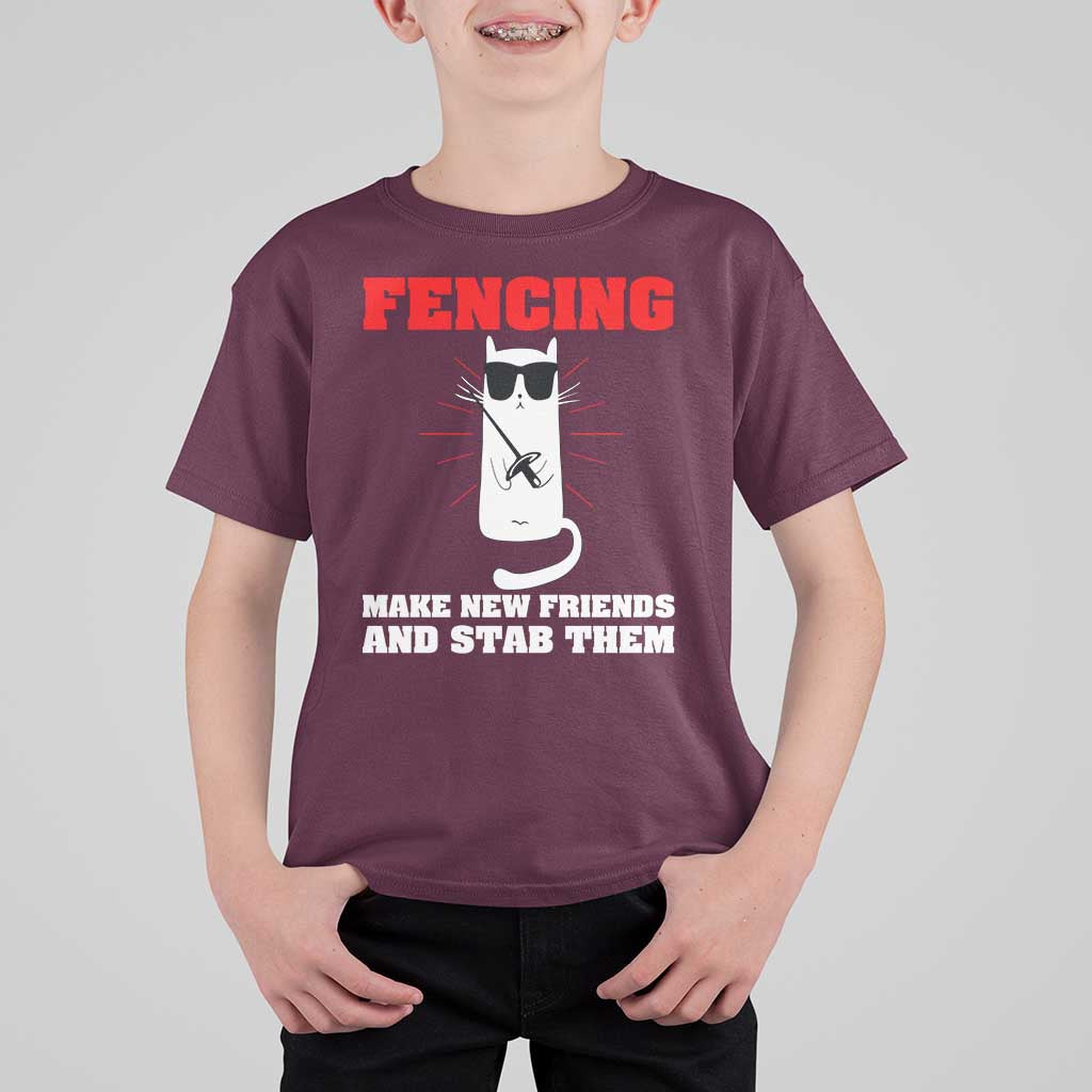 Funny Cat Fencing T Shirt For Kid Make Me New Friends And Stab Them - Wonder Print Shop
