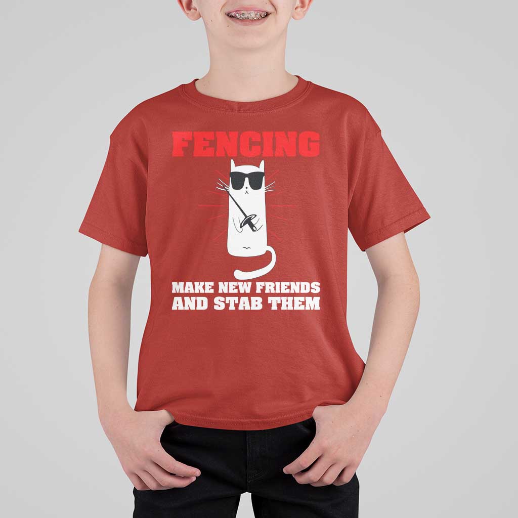 Funny Cat Fencing T Shirt For Kid Make Me New Friends And Stab Them - Wonder Print Shop