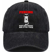Funny Cat Fencing Washed Cotton Baseball Cap Make Me New Friends And Stab Them