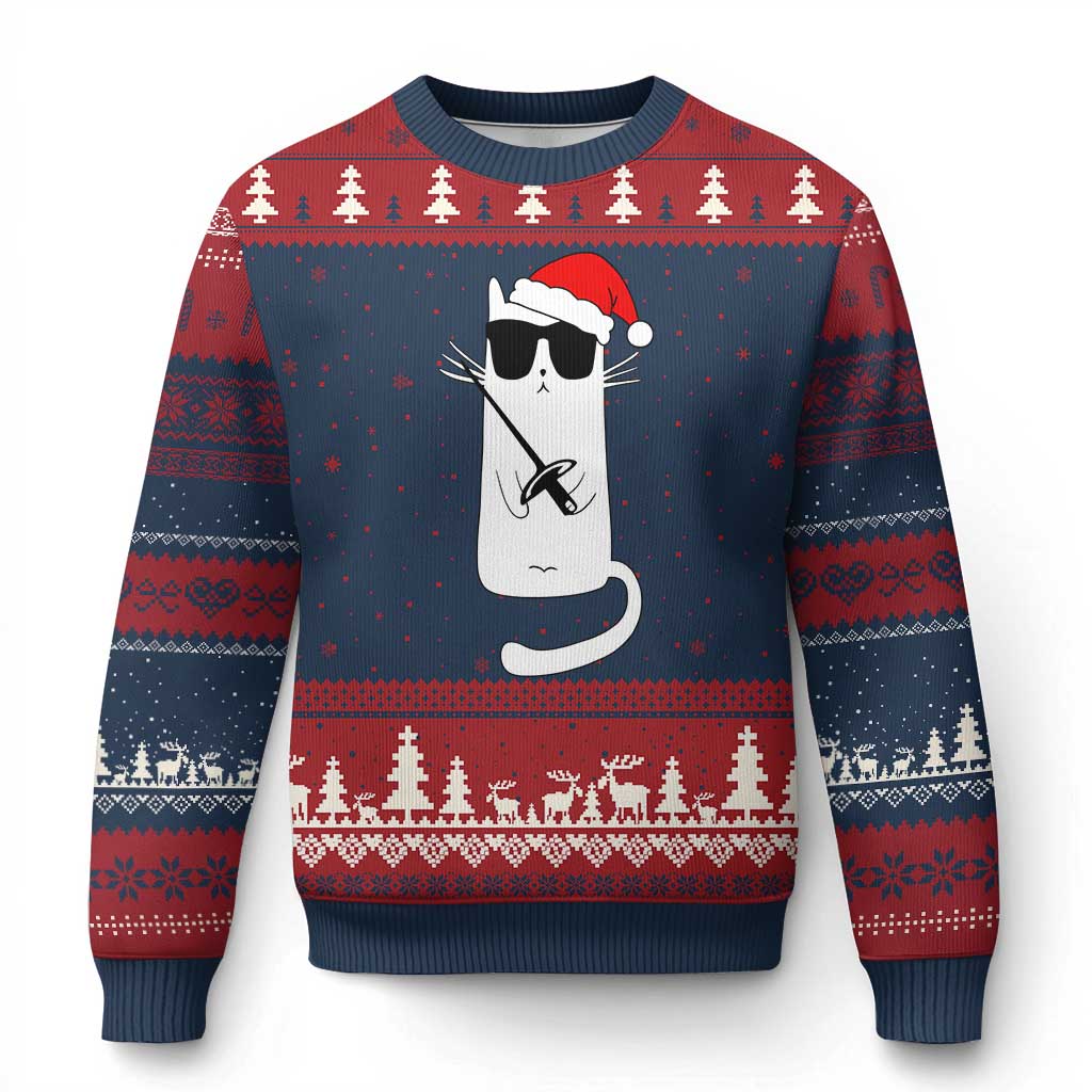 Funny Cat Fencing Xmas Ugly Christmas Sweater Cute Kitty Lover - Wonder Print Shop