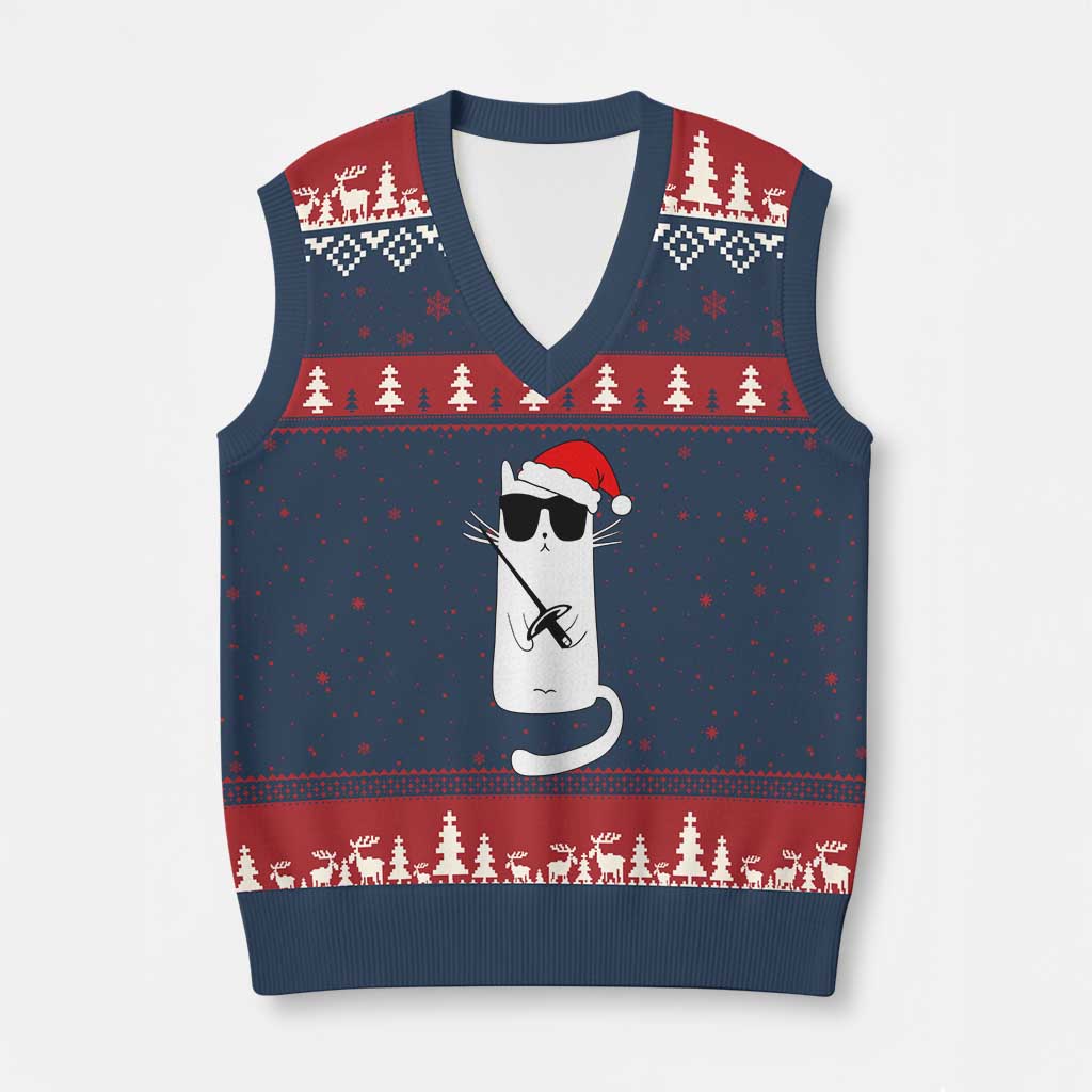 Funny Cat Fencing Xmas V-Neck Knit Sweater Vest Cute Kitty Lover - Wonder Print Shop