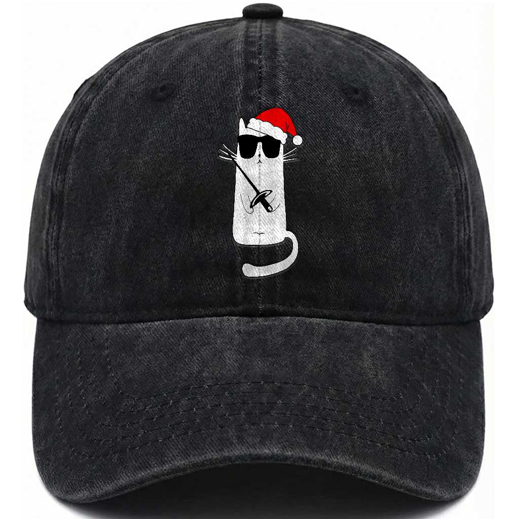 Funny Cat Fencing Christmas Washed Cotton Baseball Cap Cute Kitty Lover