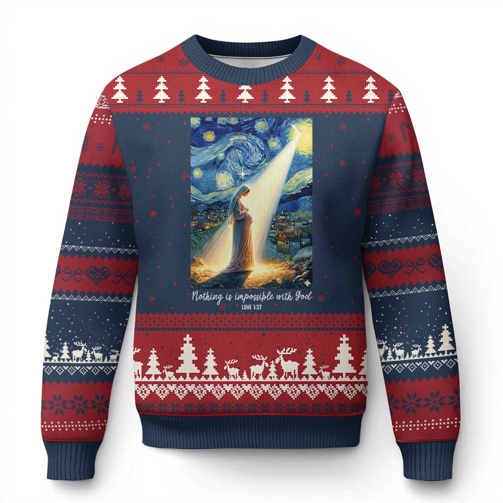 Virgin Mary Starry Night Ugly Christmas Sweater Luke 2:11 Christian Faith - Wonder Print Shop
