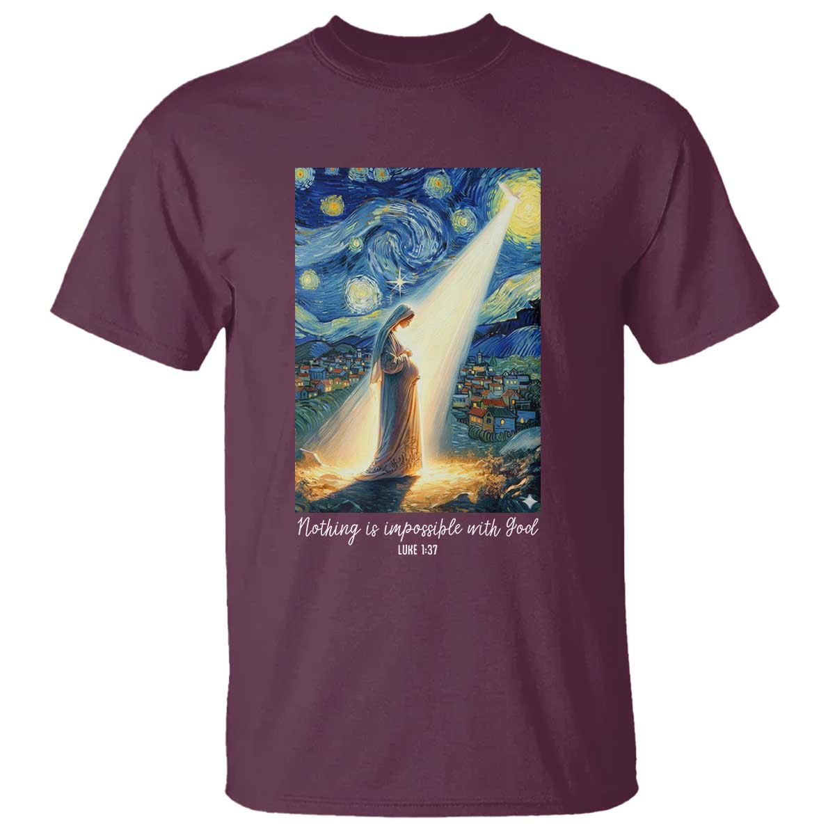Virgin Mary Starry Night T Shirt Luke 2:11 Christian Faith - Wonder Print Shop