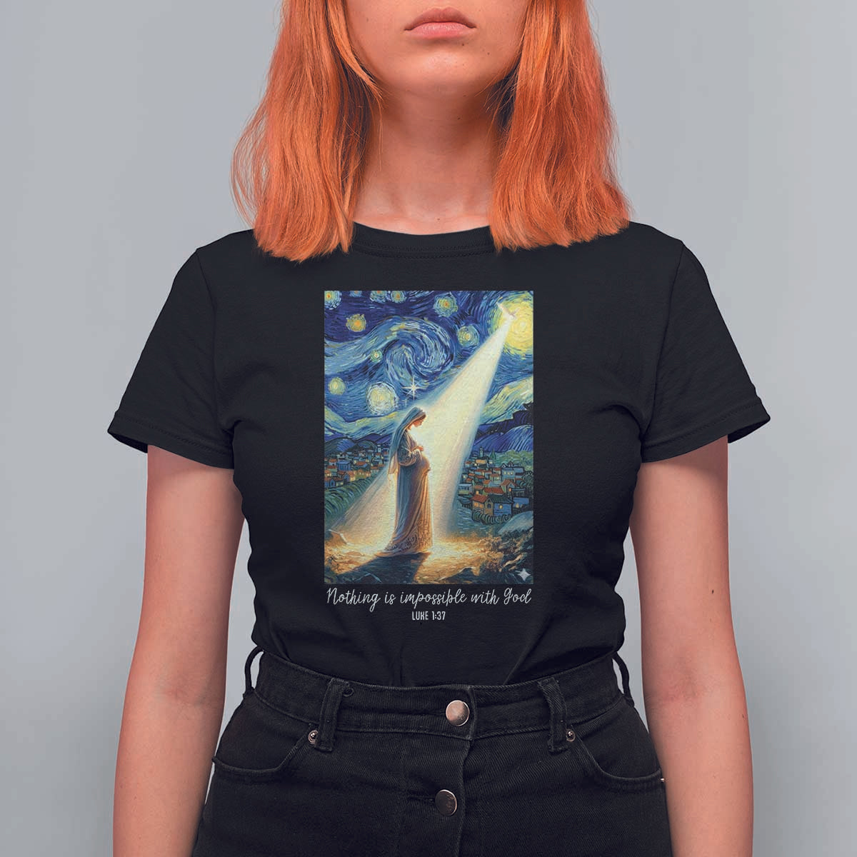 Virgin Mary Starry Night T Shirt For Women Luke 2:11 Christian Faith - Wonder Print Shop
