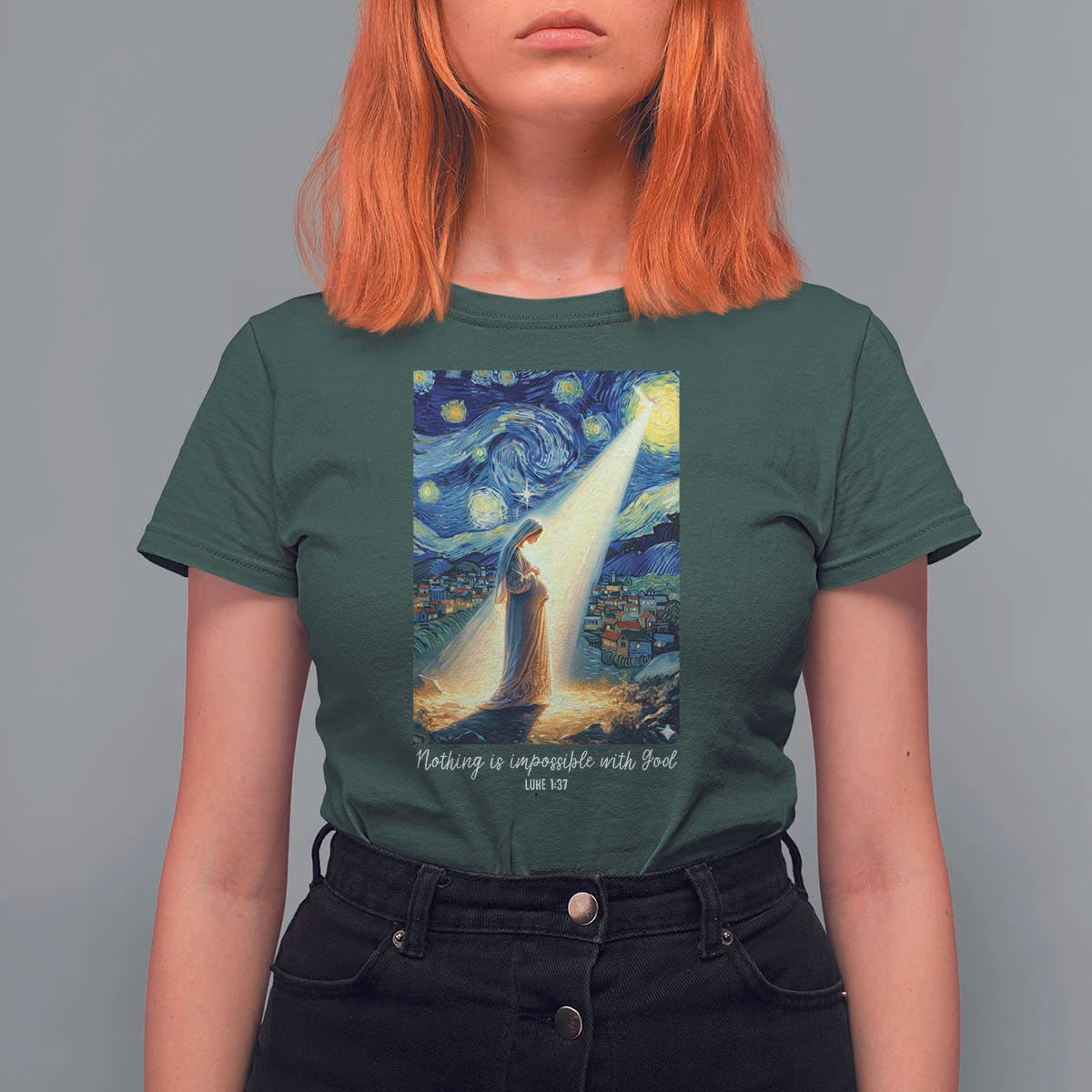 Virgin Mary Starry Night T Shirt For Women Luke 2:11 Christian Faith - Wonder Print Shop