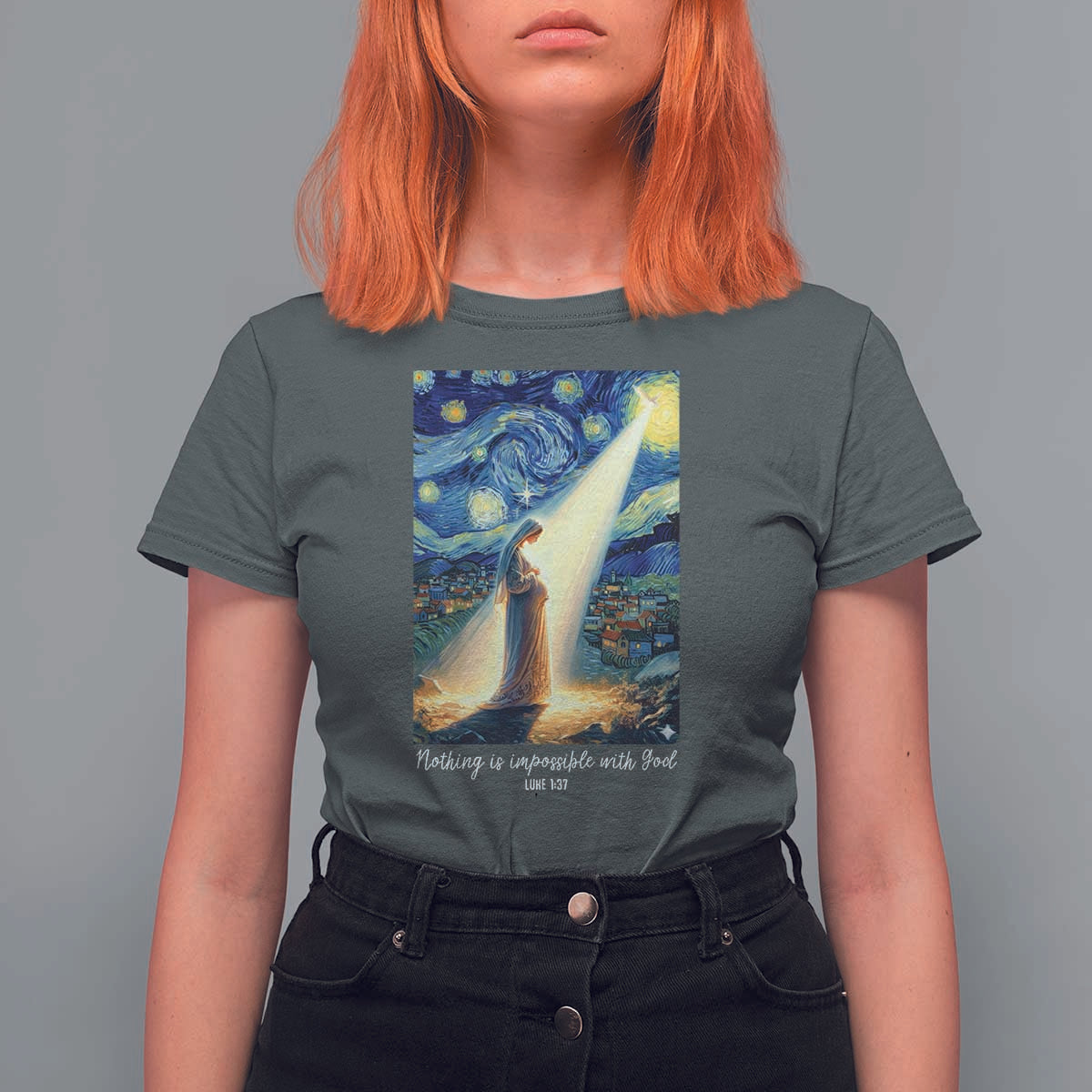 Virgin Mary Starry Night T Shirt For Women Luke 2:11 Christian Faith - Wonder Print Shop