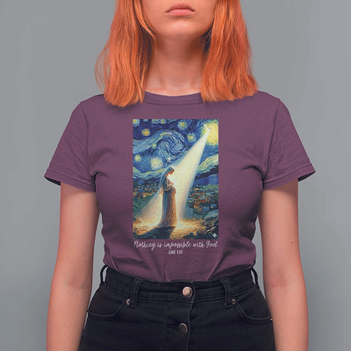 Virgin Mary Starry Night T Shirt For Women Luke 2:11 Christian Faith - Wonder Print Shop
