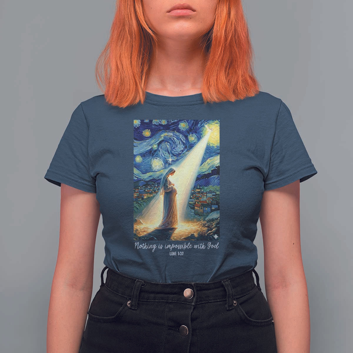 Virgin Mary Starry Night T Shirt For Women Luke 2:11 Christian Faith - Wonder Print Shop