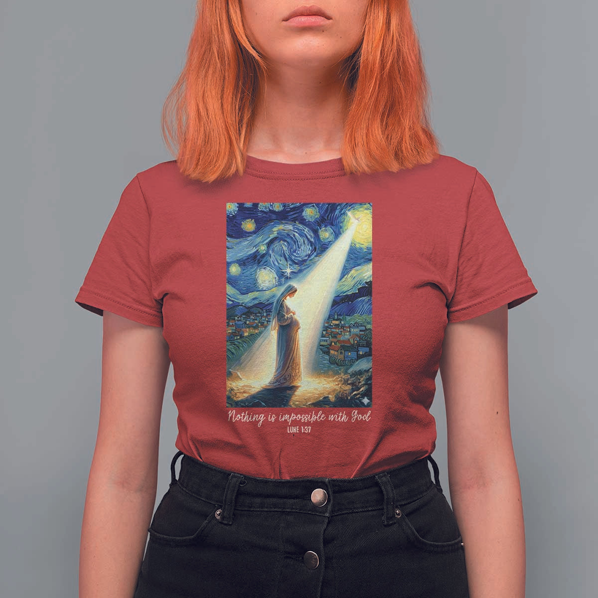 Virgin Mary Starry Night T Shirt For Women Luke 2:11 Christian Faith - Wonder Print Shop