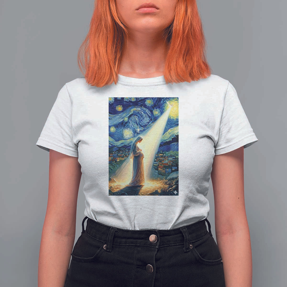 Virgin Mary Starry Night T Shirt For Women Luke 2:11 Christian Faith - Wonder Print Shop