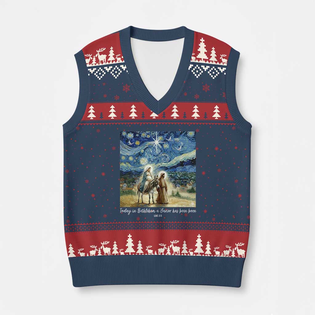Bethlehem Starry Night V-Neck Knit Sweater Vest Nativity Luke 2:11 Christian Xmas - Wonder Print Shop