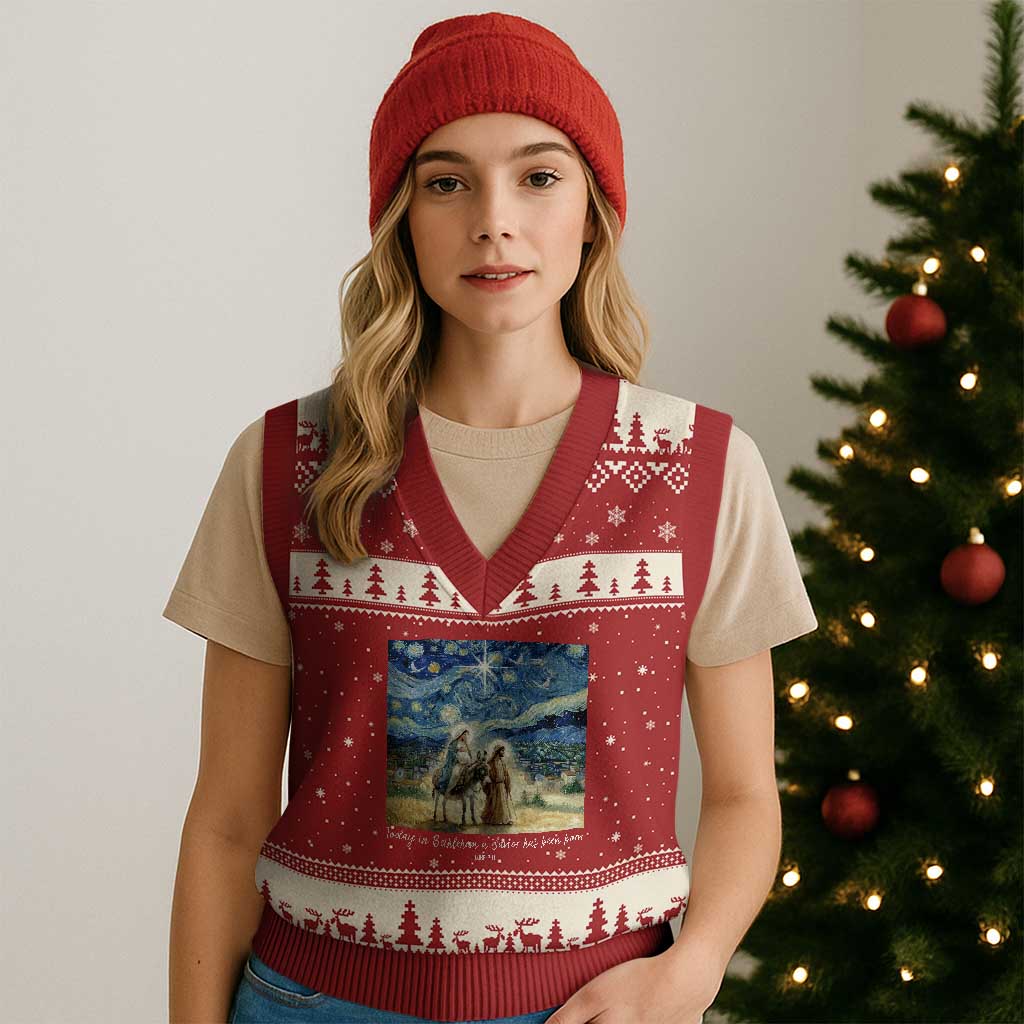 Bethlehem Starry Night V-Neck Knit Sweater Vest Nativity Luke 2:11 Christian Xmas - Wonder Print Shop